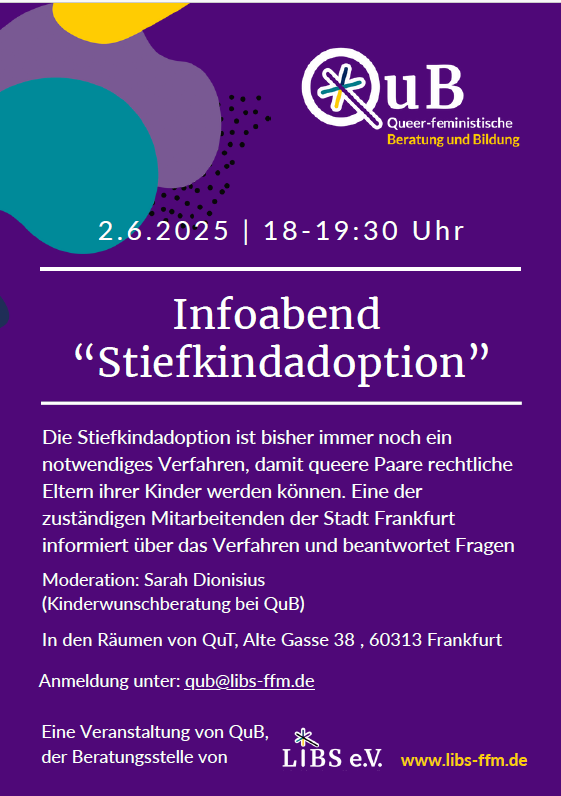 Ein Flyer in lila mit den wesentlichen Informationen zur Info-Veranstaltung über Stiefkindadaption