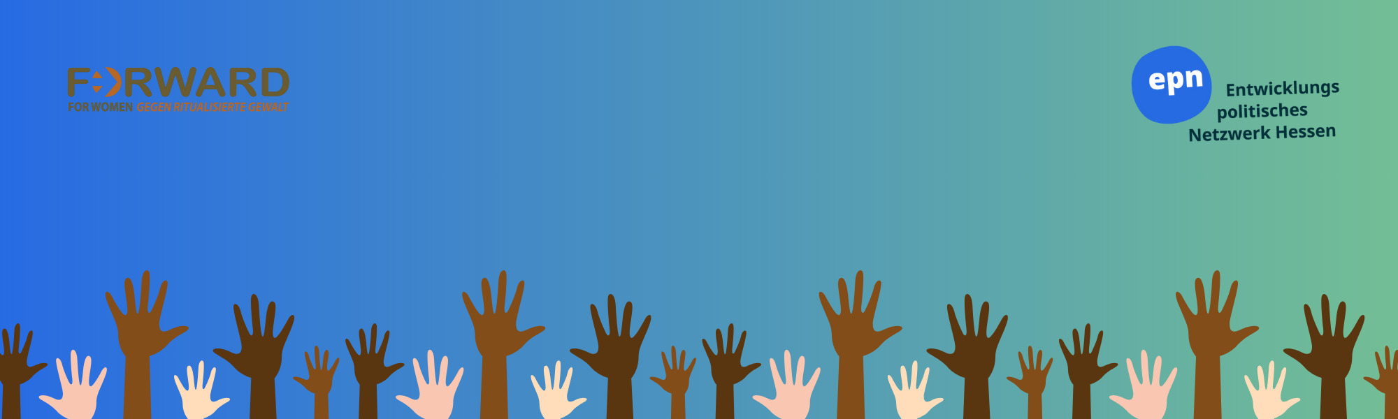 Banner mit mehreren in die Luft gestreckten Händen vor blau-grünem Hintergrund