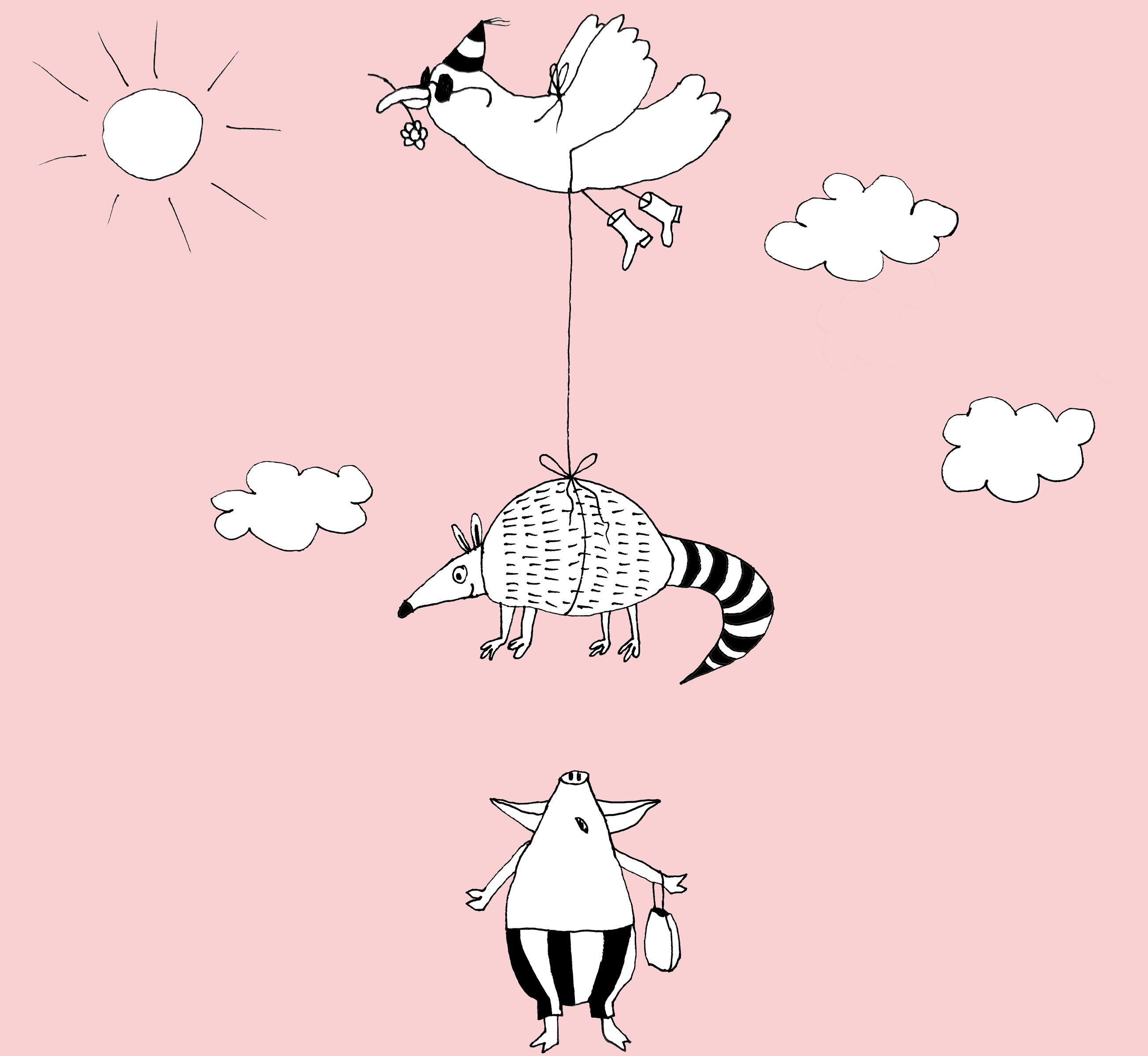 Illustration "Fantasie verleiht Flügel" © desres, Frauke Eilks Ein schwarz-weiß gezeichneter Schweinchen in gestreiften Hosen schaut in den sonnigen Himmel, wo ein Vogel mit Mütze mit einem Nasenbär an einer Leine wegfliegt