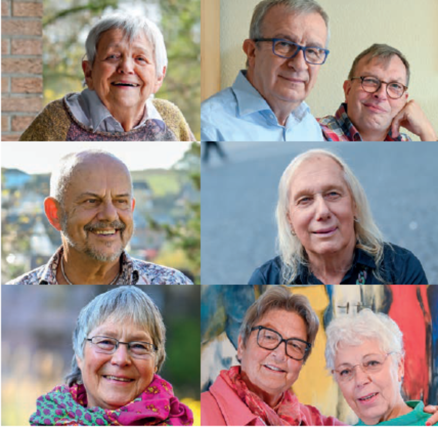Ausstellung "Nicht mehr unbemerkt leben" (© LIBS/AHF Frankfurt) Sechs Portraits von älteren Menschen und Paaren, die in die Kamera schauen.