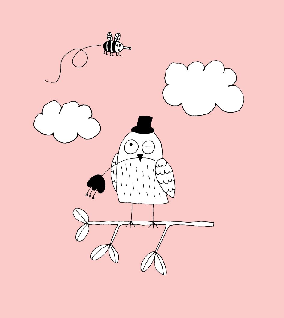 Illustration Satourday © desres design studio, Frauke Eilks Zeichnung einer Eule mit Zylinder auf dem Kopf und Blume im Schnabel auf rosa Hintergrund, der einer fliegenden Biene nachschaut.