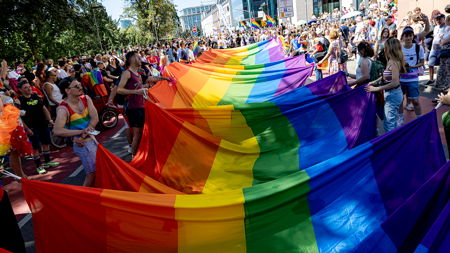 Eine große Menschengruppe hält eine LSBTIQ-Flagge. 