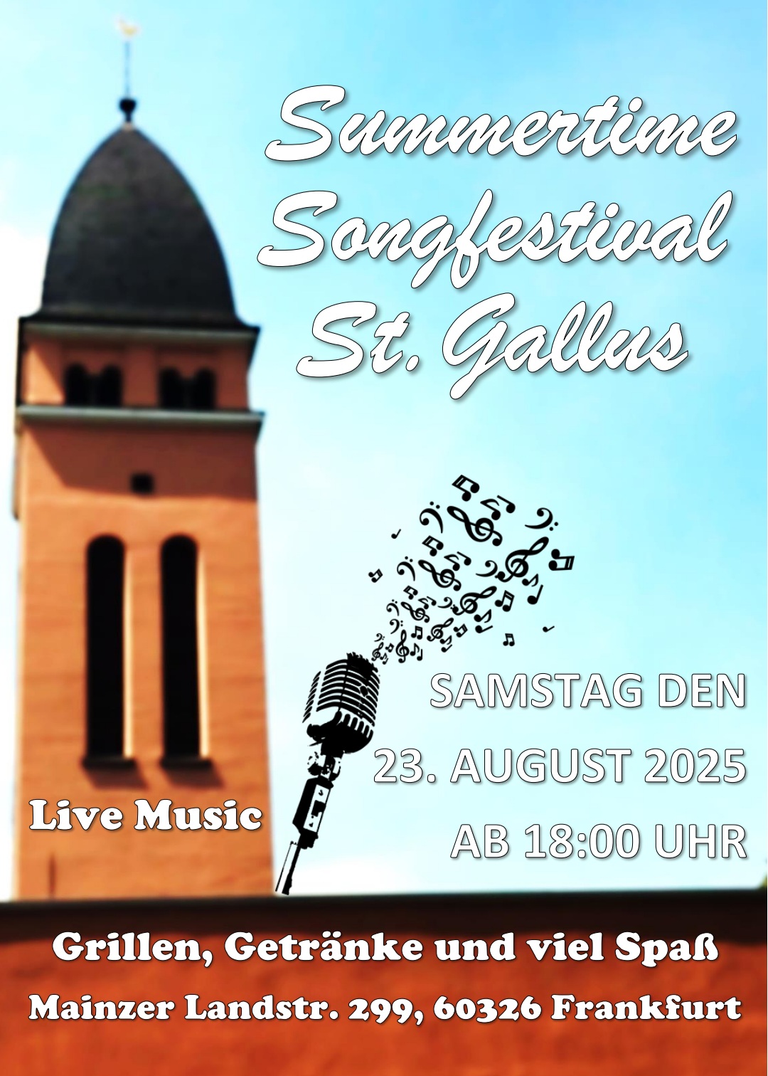 Flyer zum Summertime Songestival im Gallus mit dem Kirchturm der St. Gallusgemeinde als Motiv