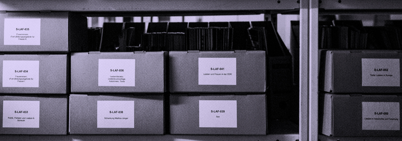 Ein Archiv-Regal mit beschrifteten Kisten zur Aufbewahrung darin