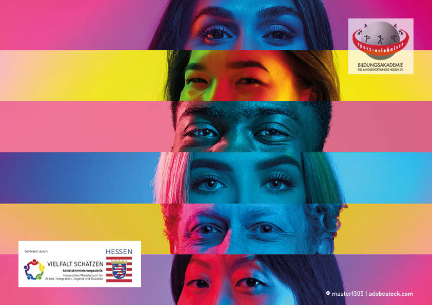 Eine Collage bestehend aus den Augen diverser Menschen, die die Vielfalt von Personen in einem Verein repräsentieren. Förderlogo  Antidiskriminierungsstelle des Landes Hessen