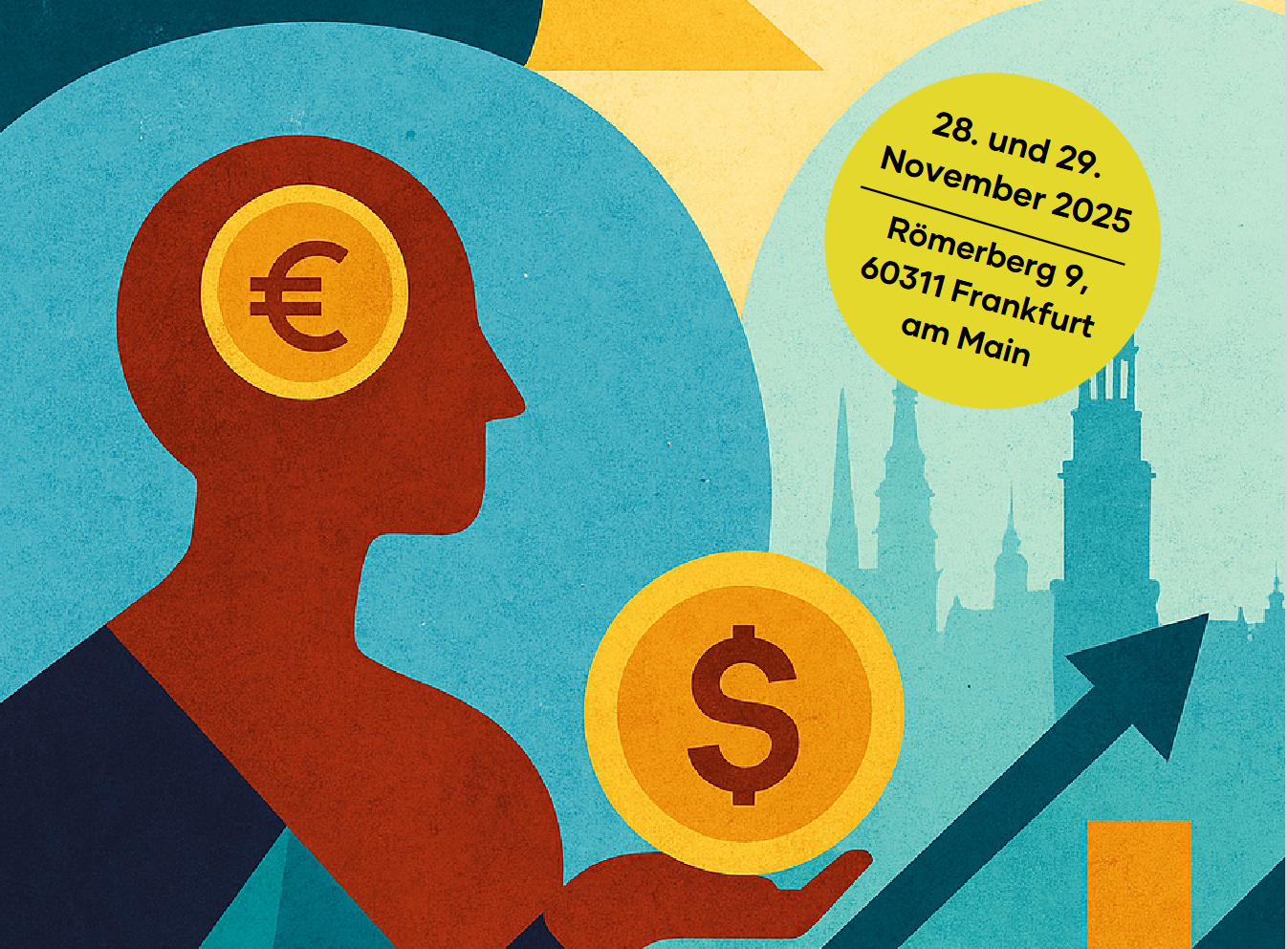 Eine grafische Darstellung mit Geldsymbolen und der Ankündigung des Veranstaltungstermins