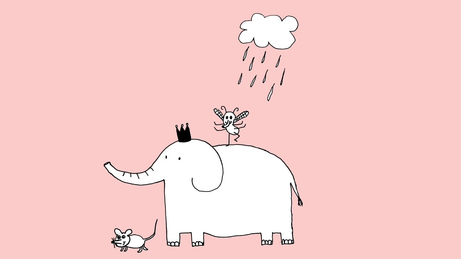 Zeichnung eines Elefanten mit Krone, auf dem eine Fliege tanzt, und eine kleine Maus vorwegläuft mit kleiner Regenwolke darüber auf rosa Untergrund