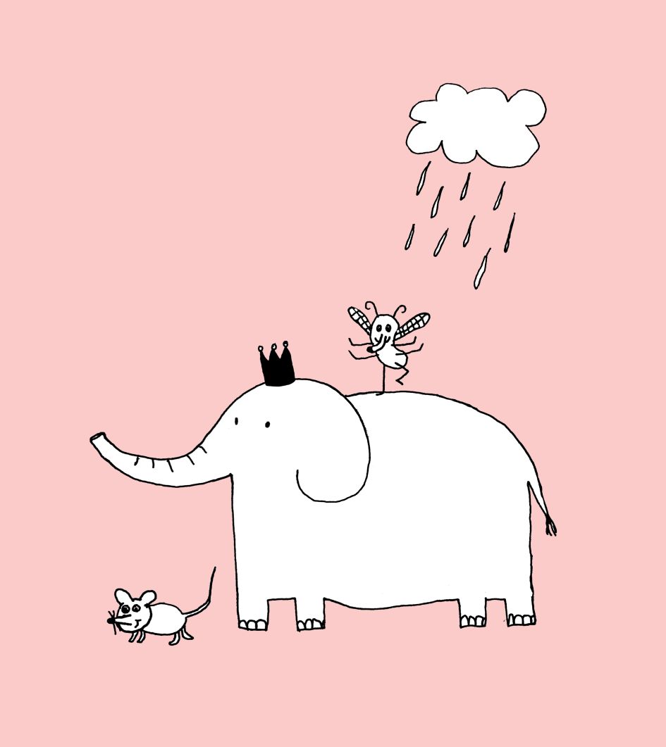 Zeichnung eines Elefanten mit Krone, auf dem eine Fliege tanzt, und eine kleine Maus vorwegläuft mit kleiner Regenwolke darüber auf rosa Untergrund