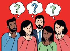 Grafik mit Menschen und Fragezeichen