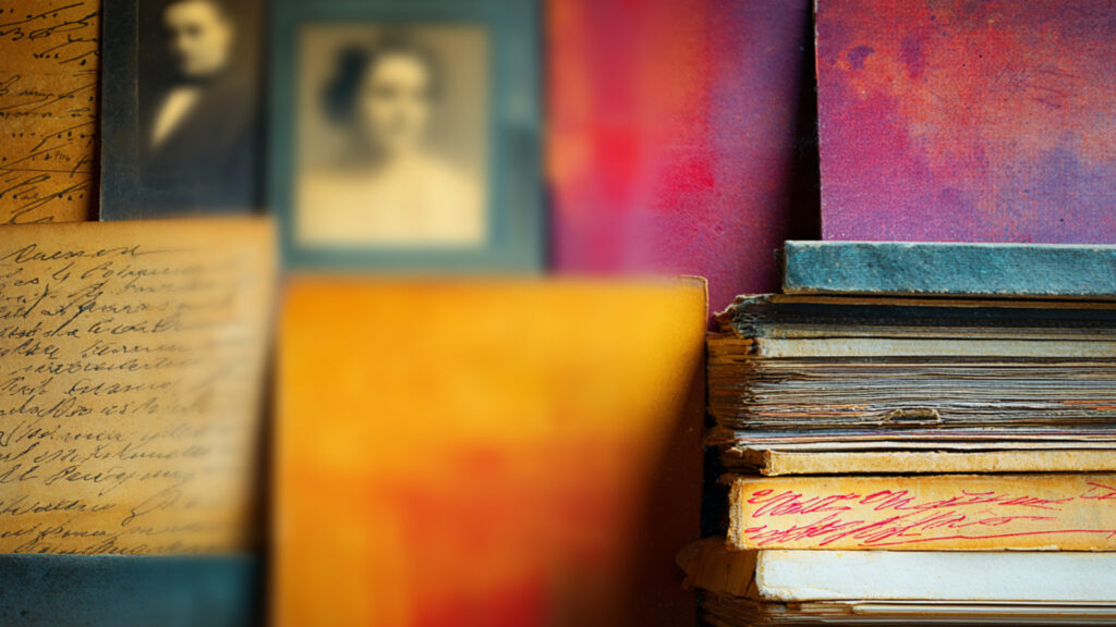 Auf dem Bild sind mehrere Dokumente und bunte Bücher zu erkennen. Außerdem zwei verschwommene Bilder von zwei Personen in schwarz-weiß. 