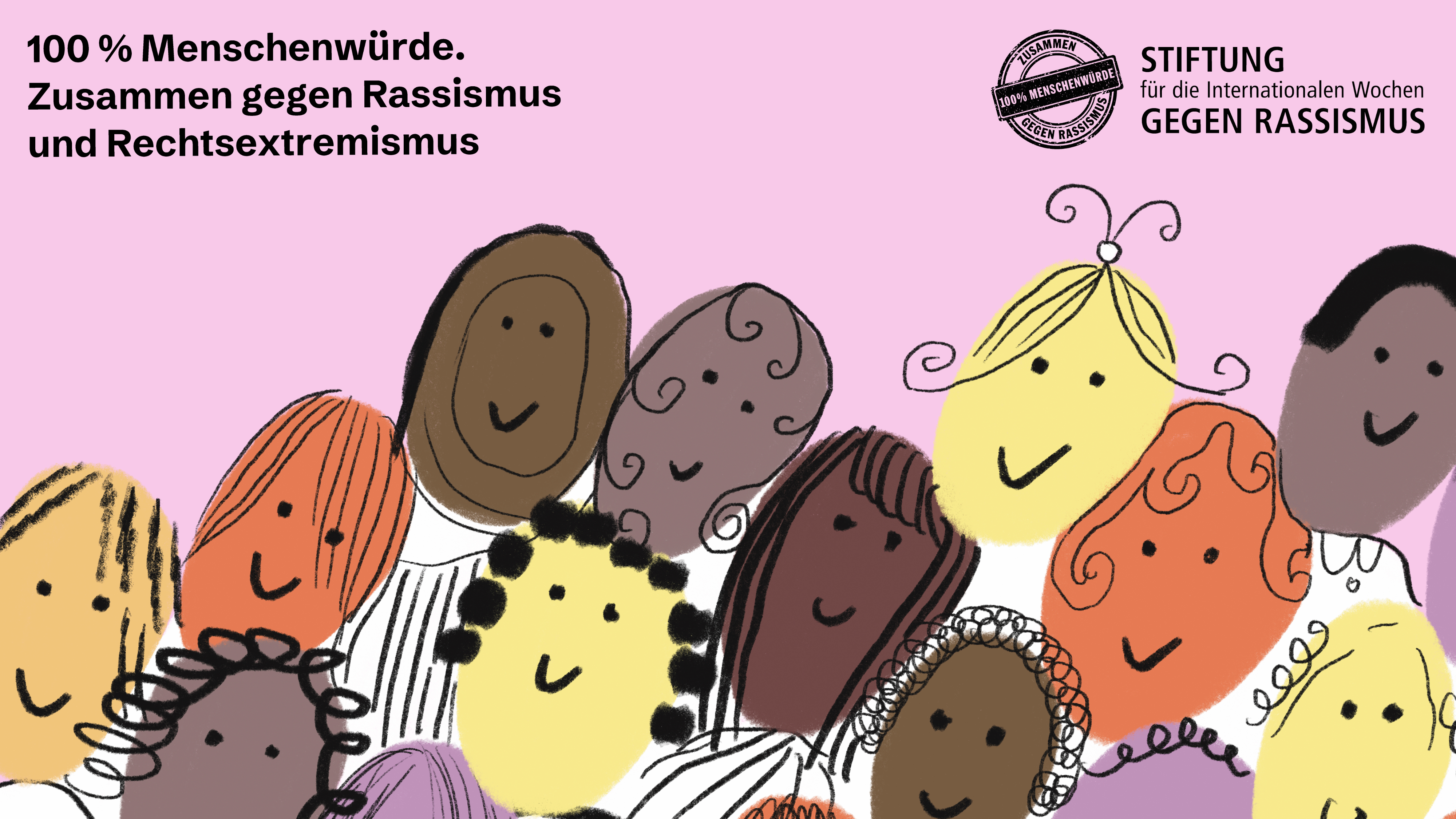 Viele gezeichnete Gesichter sind vor einem rosa Hintergrund zu erkennen. Links oben steht das Motto, rechts oben ist das Logo der Stiftung 
