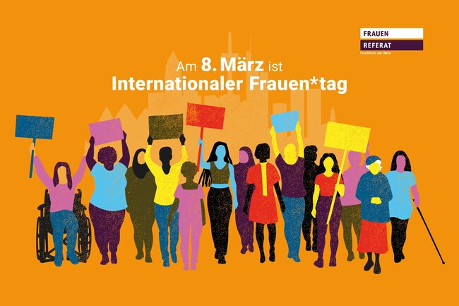 Grafik zum Frauentag mit Frauen mit hochgehaltenen Bannern darauf