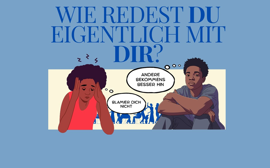 Grafik mit zwei Personen mit Sprechblasen zu Selbstzweifeln