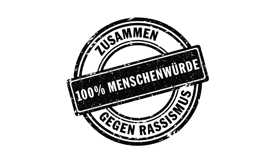 Stempelartiges Logo der Internationalen Wochen gegen Rassismus mit Text 100 % Menschenwürde