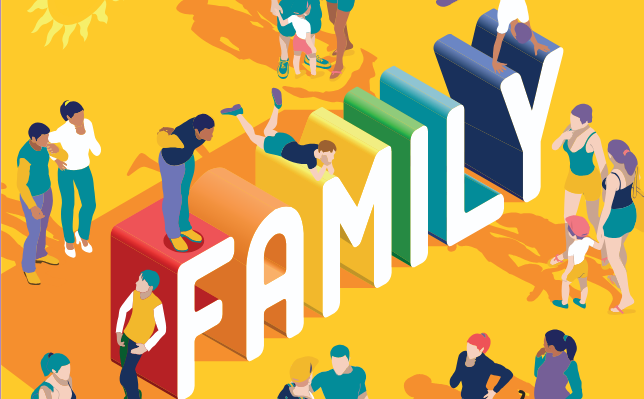 Grafik mit Schriftzug "Family" und diversen Personen