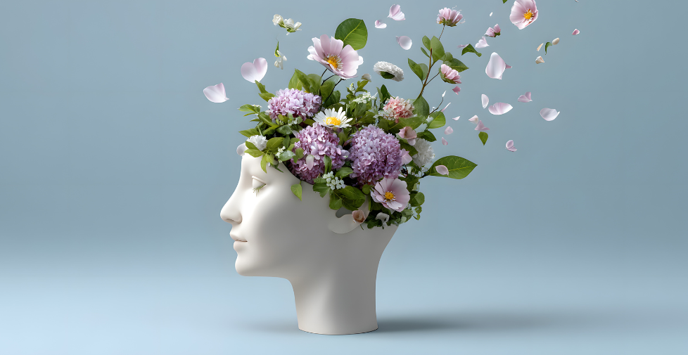 Kopf einer Schaufensterpuppe, aus der Blumen als Symol für Ideen erwachsen