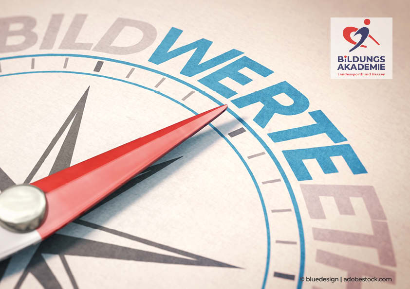 Zu sehen ist ein Kompass der mit einer roten Nadel auf das Wort Werte zeigt. Logo Bildungsakademie des lsb h e.V.