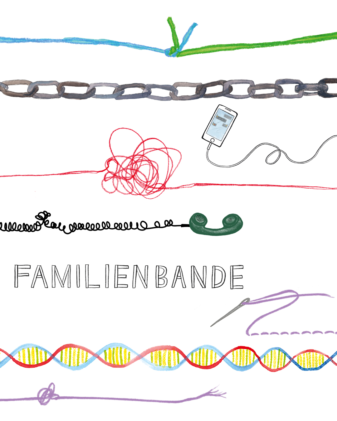 Illustration mit einem grünen Telefon, einem Handy. einer grauen Kette und dem Schriftzug "Familienbande"