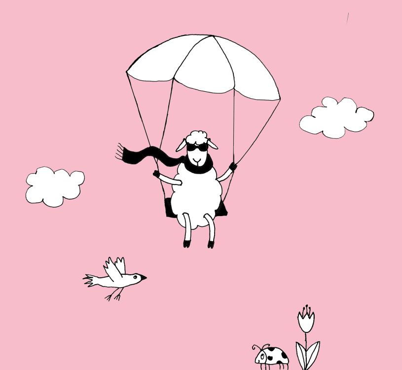 Zeichnung eines Schafes mit Schal und Sonnenbrille das auf einer Schaukel mit Fallschirm sitzt, unter ihm ein Vogel im Flug, eine Blume und ein Käfer