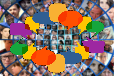 Sprechblasen über Montage mit vielen Porträts