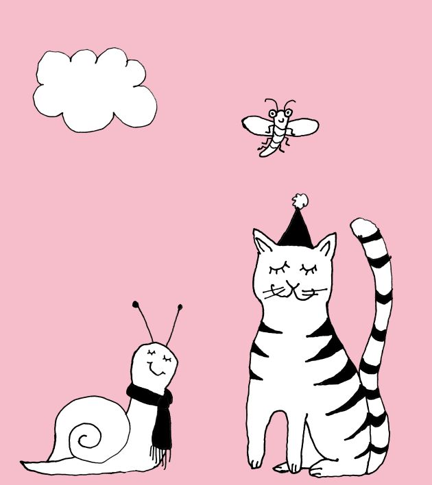 Zeichnung einer Schnecke mit Schal und einer Katze mit Hütchen, die sich gegenüber sitzen