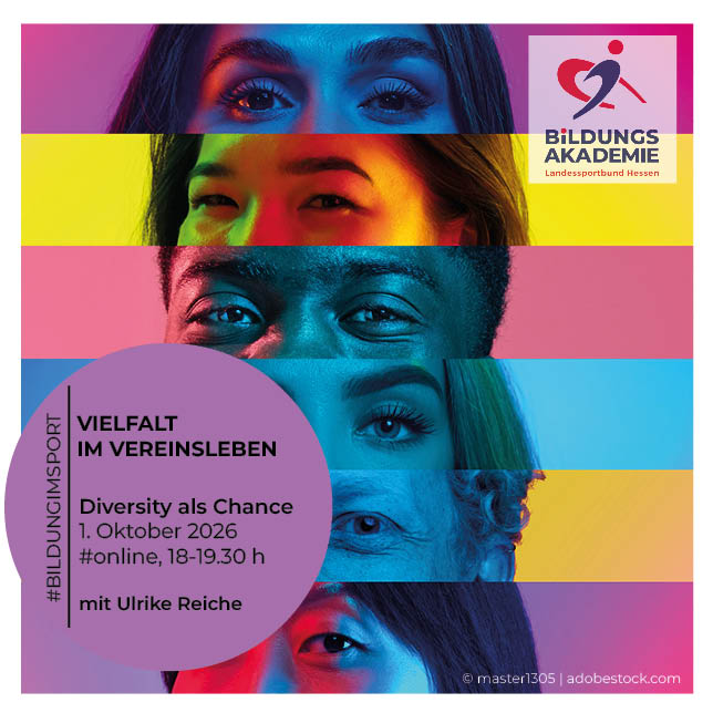 Collage aus horizontalen Streifen menschlicher Augen, Diversität, interkulturelle Perspektiven vor einem bunten Hintergrund. Logo Bildungsakademie des lsb h e.V.