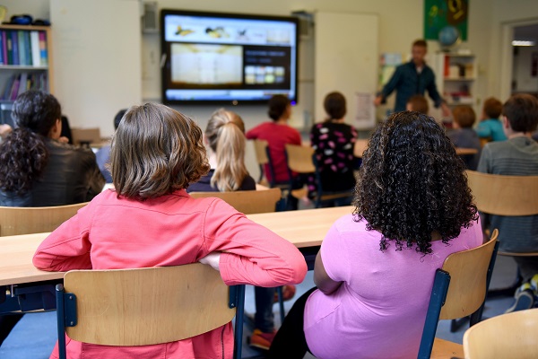 Blick in Schulklasse mit Kindern von hinten