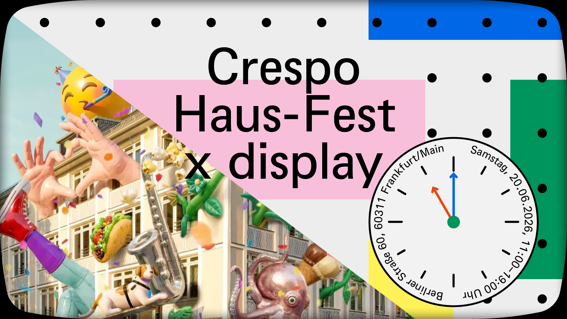 Bunte Grafik mit einem Haus aus dem bunte Fabelwesen herausquellen.