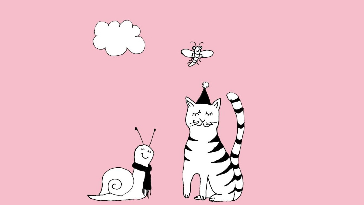 Zeichnung einer Schnecke mit Schal und einer Katze mit Hütchen, die sich gegenüber sitzen