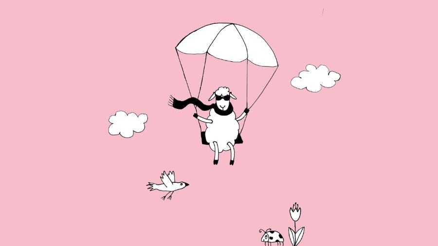 Zeichnung eines Schafes mit Schal und Sonnenbrille das auf einer Schaukel mit Fallschirm sitzt, unter ihm ein Vogel im Flug, eine Blume und ein Käfer