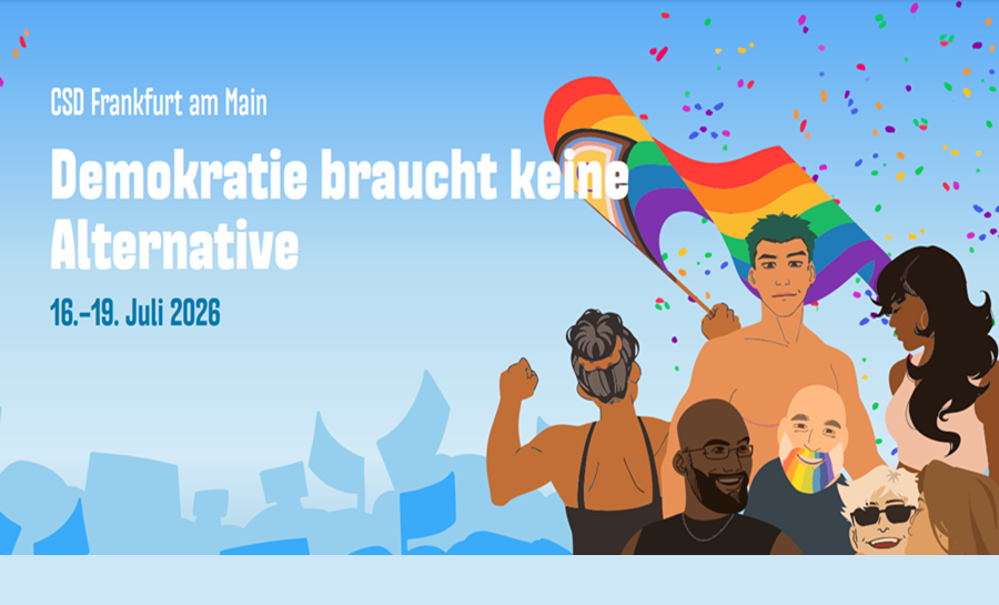 Banner zum CSD 2026 Mit Aufschrift "Demokratie braucht keine Alternative" 