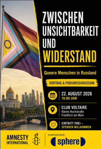Veranstaltungsflyer zur Veranstaltung "Zwischen Unsichtbarkeit und Widerstand - queere Menschen in Russland"