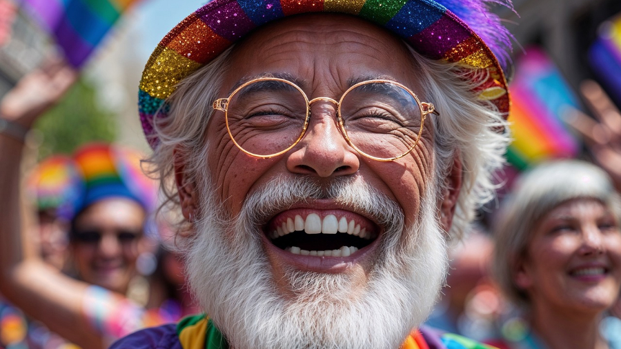 Vertreter einer Gay-Pride-Parade in Regenbogenkleidung