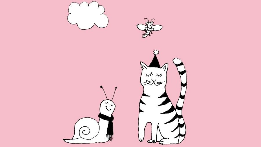 Zeichnung einer Schnecke mit Schal und einer Katze mit Hütchen, die sich gegenüber sitzen