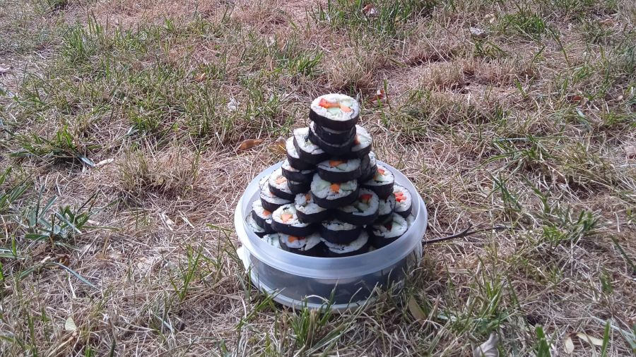 Eine Sushi-Torte auf einem Feld