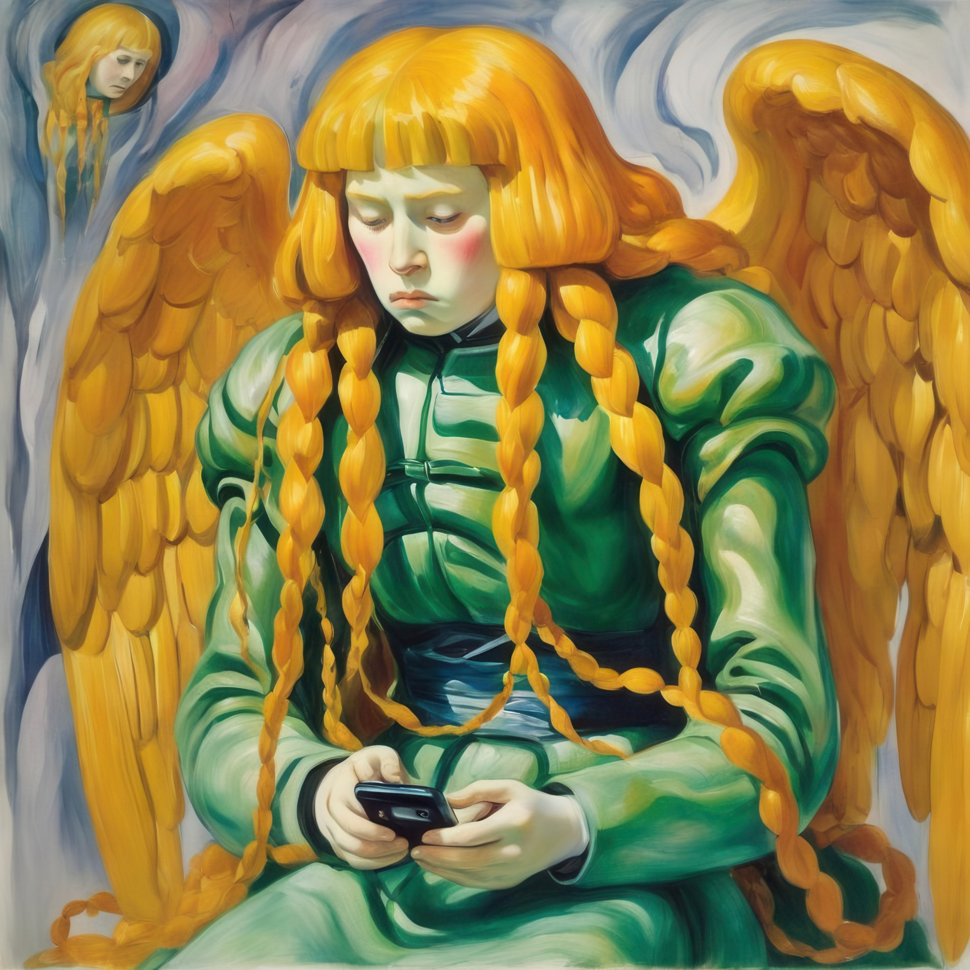 Eine Figur mit langen, geflochtenen, orangefarbenen Haaren und großen, goldenen Flügeln sitzt in einem grünen Gewand und blickt ernst auf ein Smartphone in den Händen. Im Hintergrund schwebt ein weiteres Gesicht mit ähnlichen Merkmalen. Die Szene ist in leuchtenden Farben gemalt, mit weichen, fließenden Formen und einem surrealen Ausdruck.