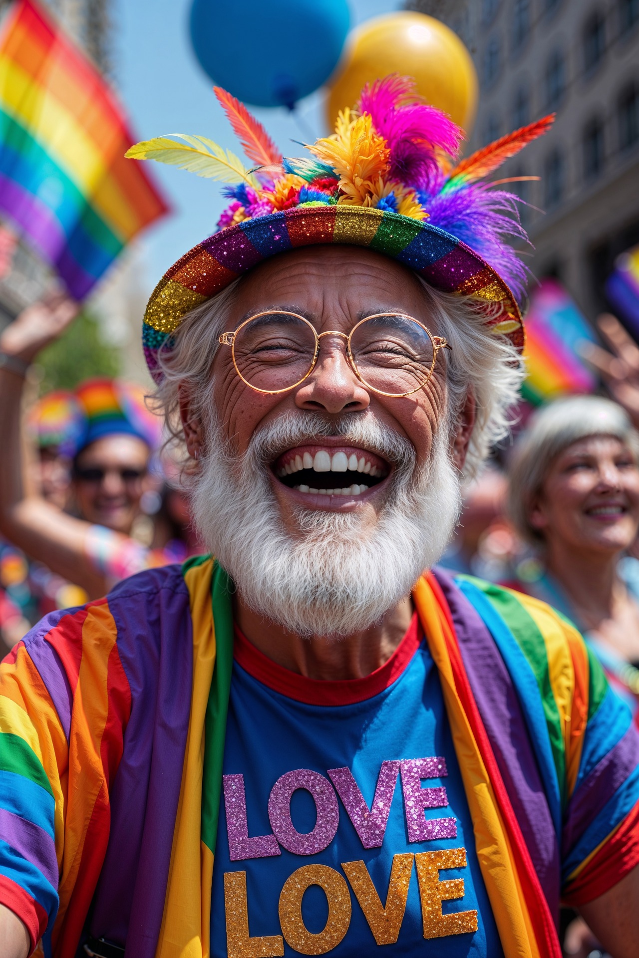 Vertreter einer Gay-Pride-Parade in Regenbogenkleidung