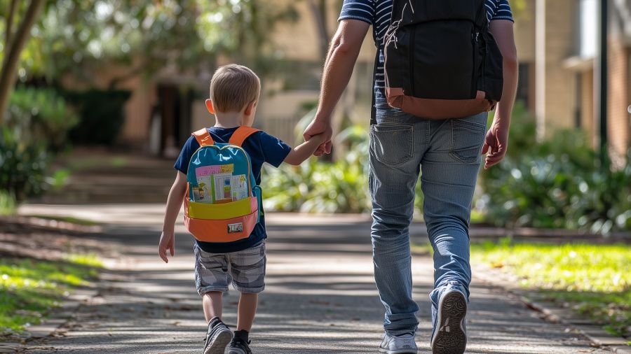 Vater mit Sohn von hinten auf Gehweg