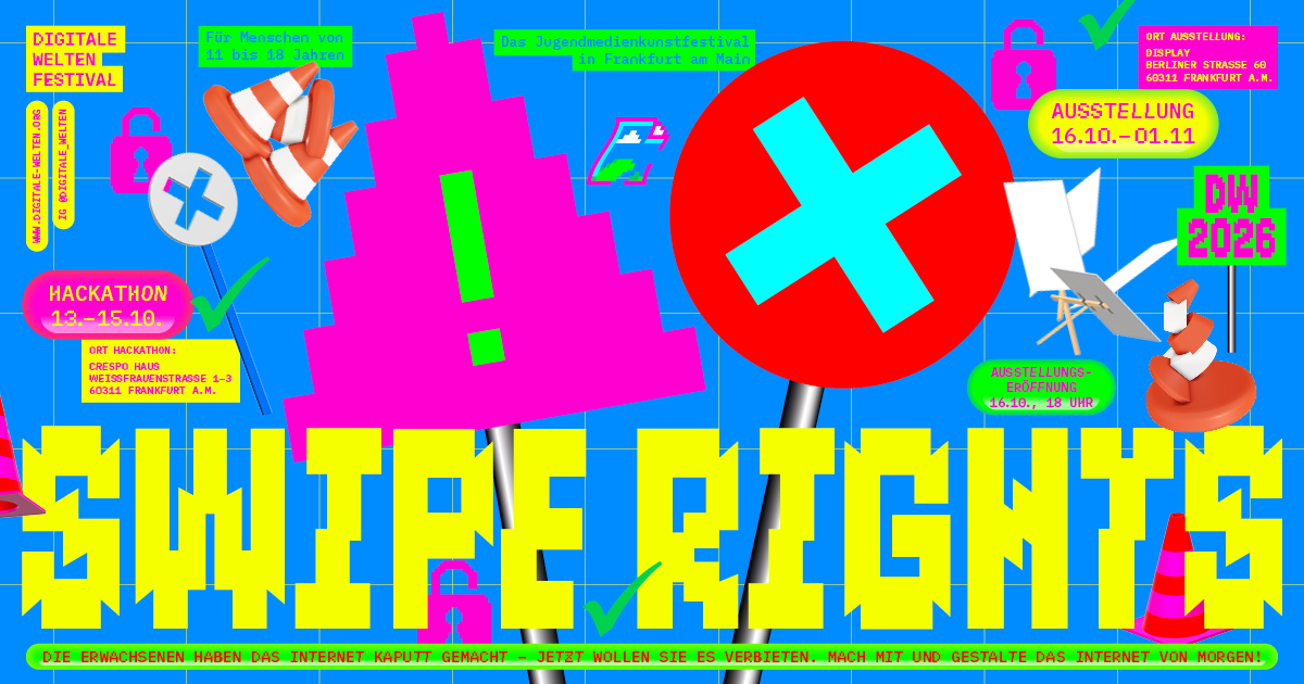 Bunte Grafik mit dem Festival-Motto "Swipe Rights" in gelber, auffälliger Schrift. Dahinter stilisierte Demoo-Schilder.