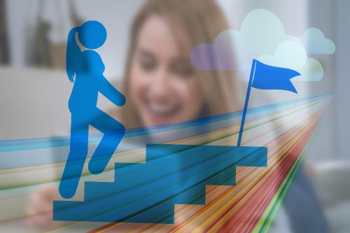 Grafik mit Frau aufsteigend auf einer Treppe, im Hintergrund Foto von Frau, die lächelt