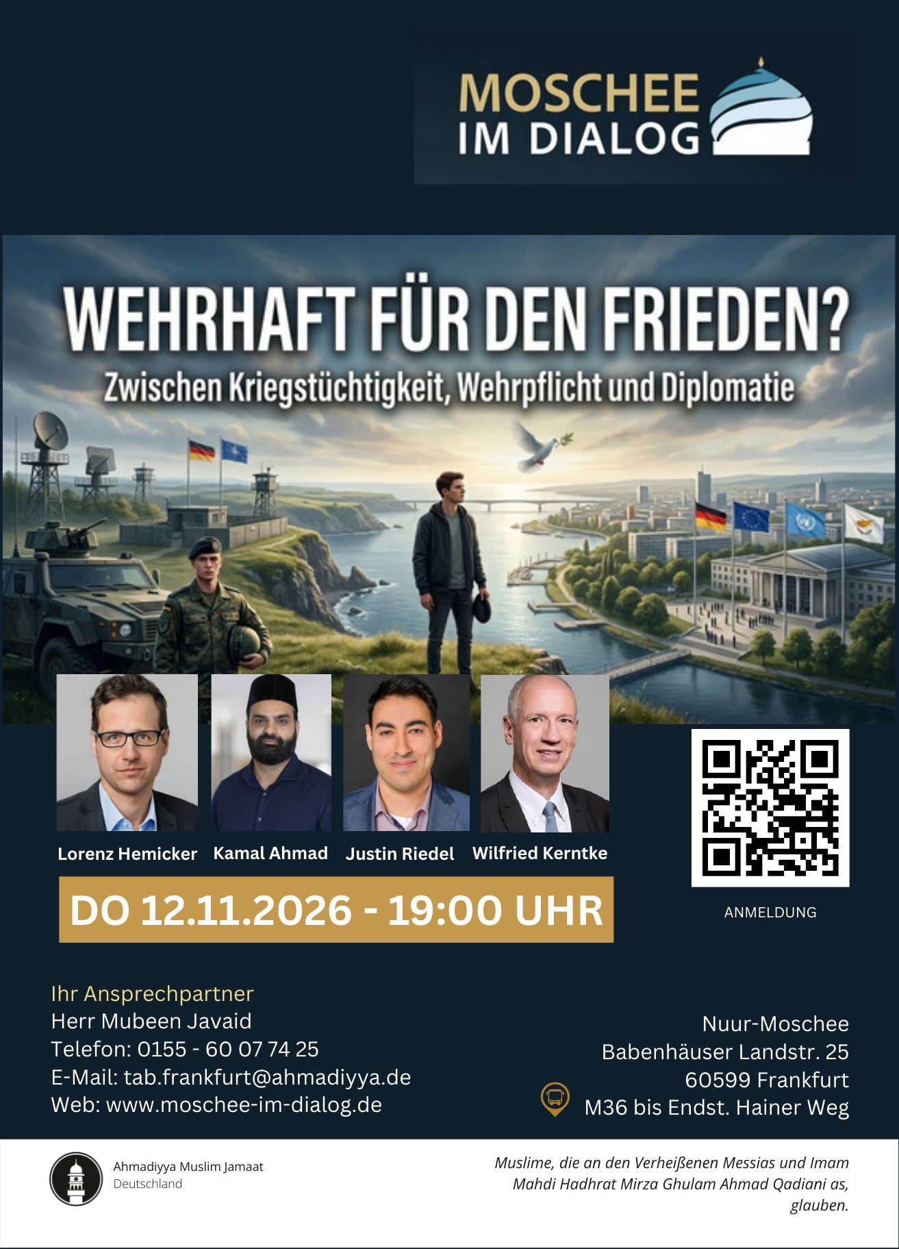Flyer zur Veranstaltung „Wehrhaft für den Frieden?“ am 12.11.2026 in der Nuur-Moschee
